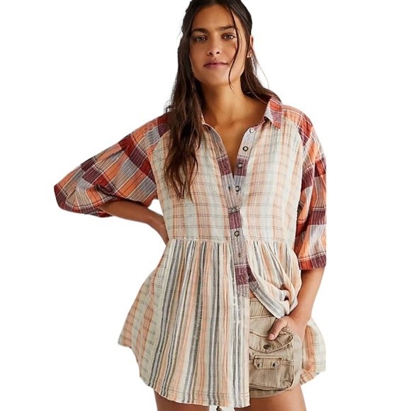 Free People Sunshine Bay Cotton Top Plaid Oversize Buttondown With Pockets Nwot